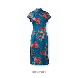 Vintage Teal Floral Cheongsam Dress
